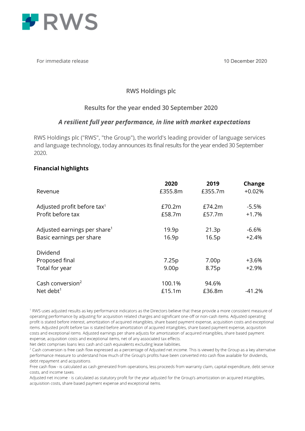 RWS Holdings Plc Results for the Year Ended 30 September 2020 A