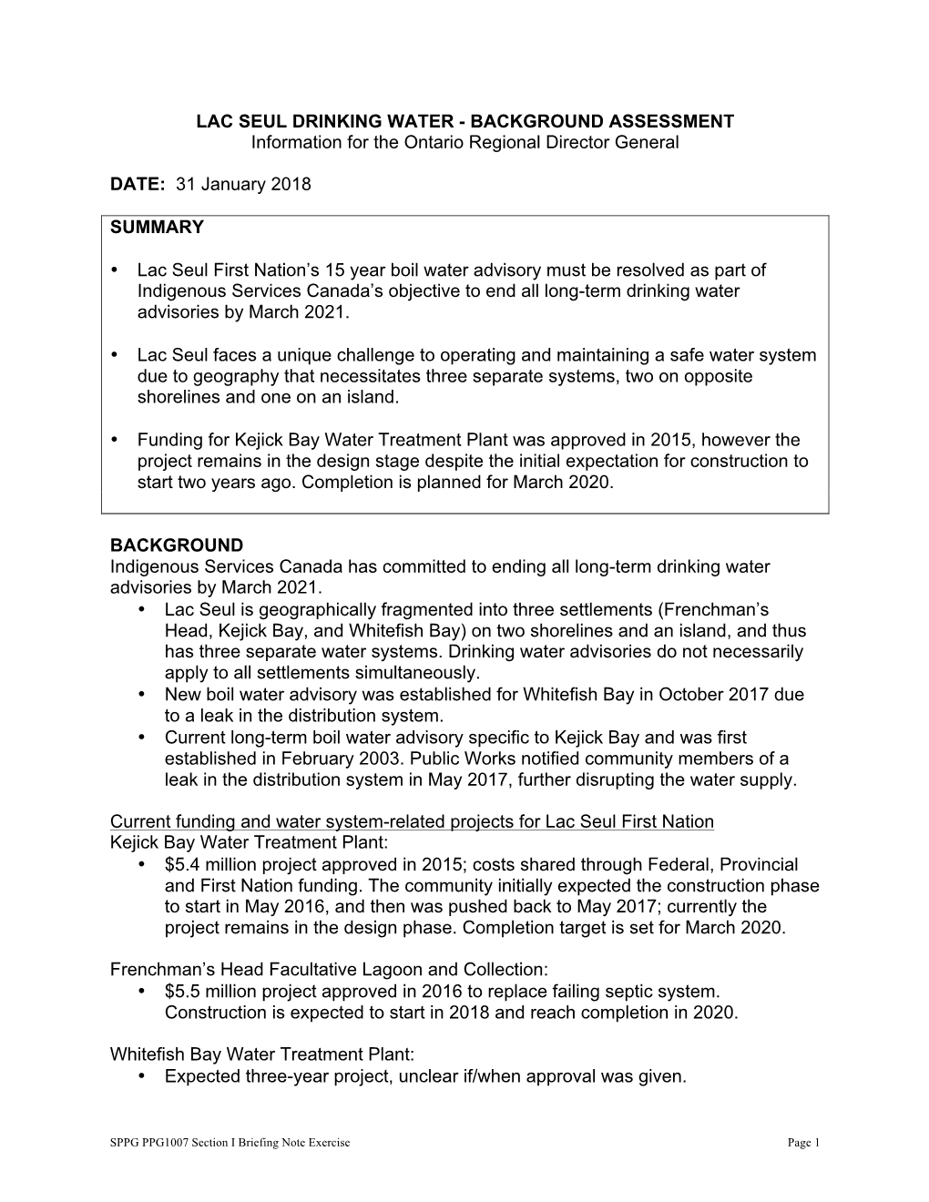 LAC SEUL DRINKING WATER - BACKGROUND ASSESSMENT Information for the Ontario Regional Director General