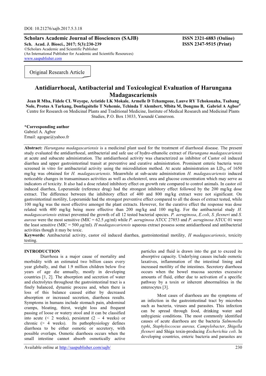 Antidiarrhoeal, Antibacterial and Toxicological Evaluation Of