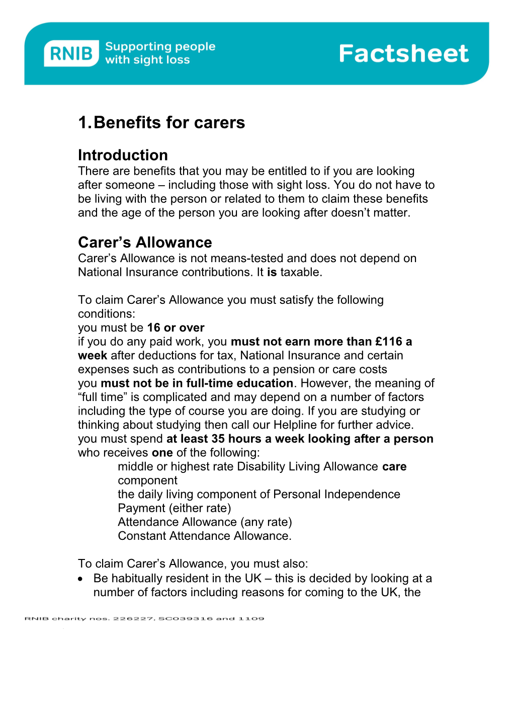 Benefits for Carers