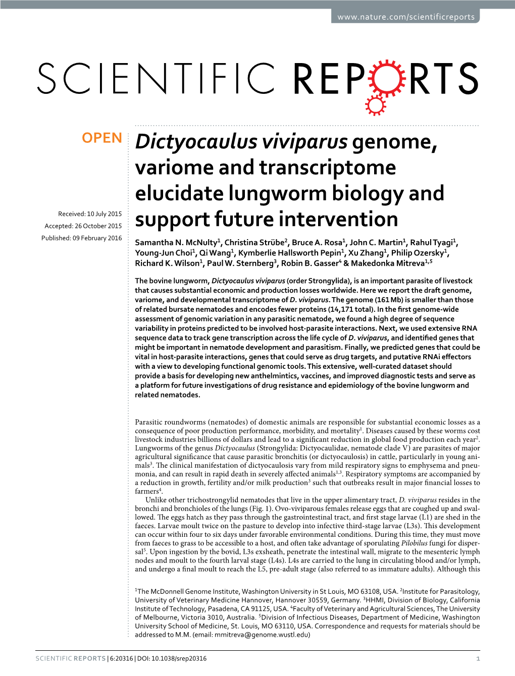 Dictyocaulus Viviparus Genome, Variome and Transcriptome