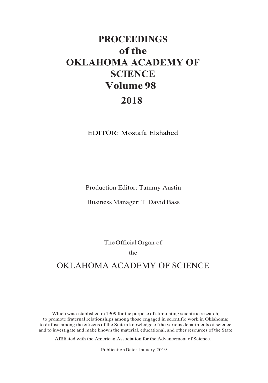 PROCEEDINGS of the OKLAHOMA ACADEMY of SCIENCE Volume 98 2018