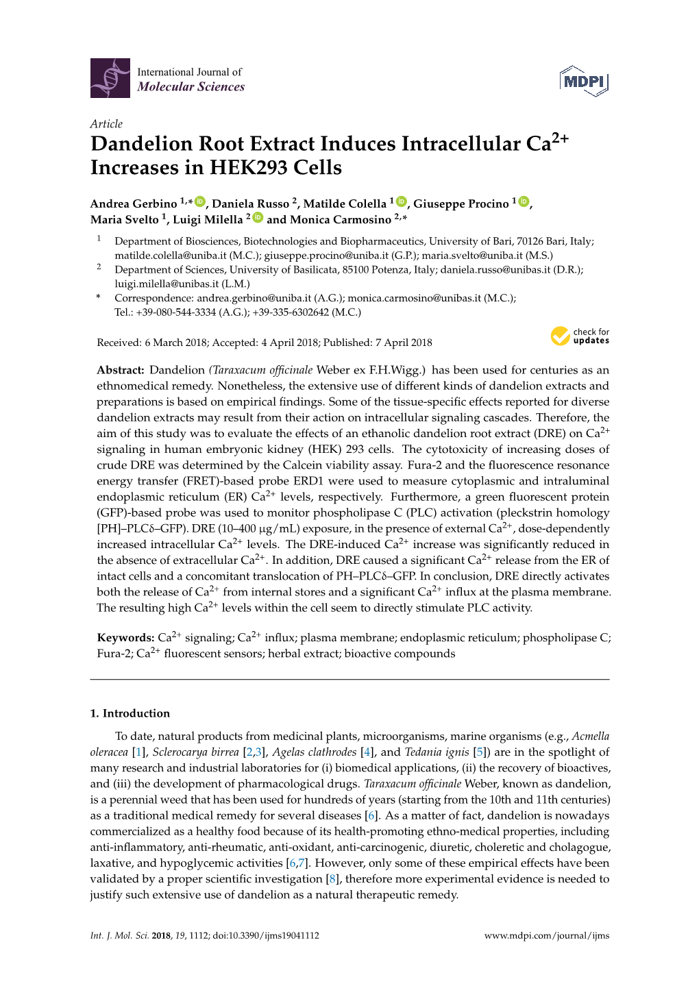 Dandelion Root Extract Induces Intracellular Ca Increases In