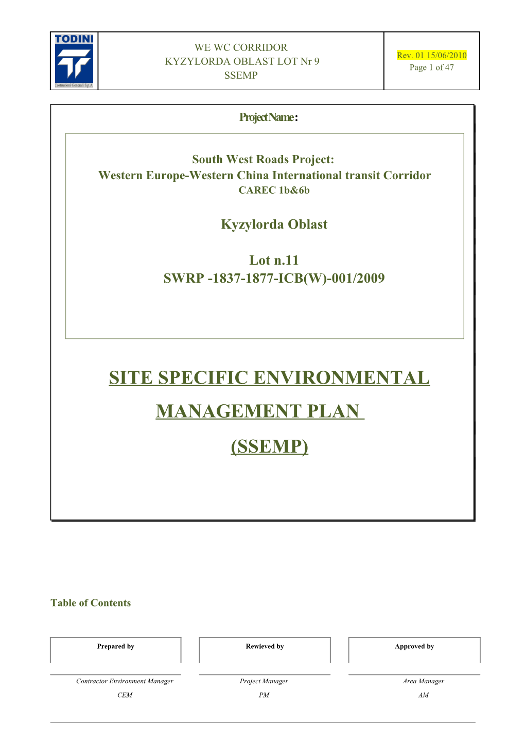 Site Specific Environmental Management Plan