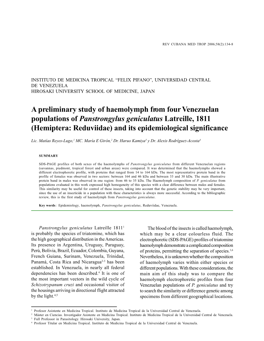 A Preliminary Study of Haemolymph from Four Venezuelan Populations