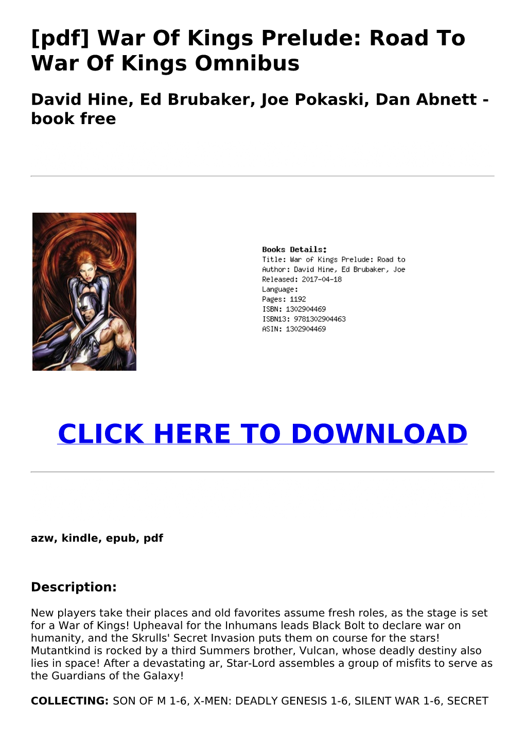 (D672478) [Pdf] War of Kings Prelude: Road to War of Kings Omnibus David Hine, Ed Brubaker, Joe Pokaski, Dan Abnett