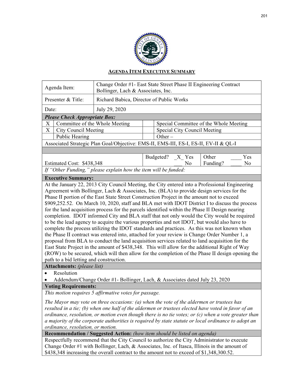 Agenda Item: Change Order #1- East State Street Phase II