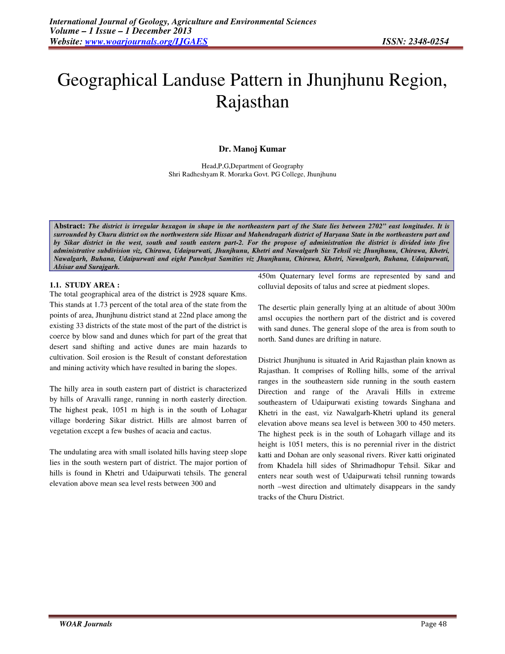 Geographical Landuse Pattern in Jhunjhunu Region, Rajasthan