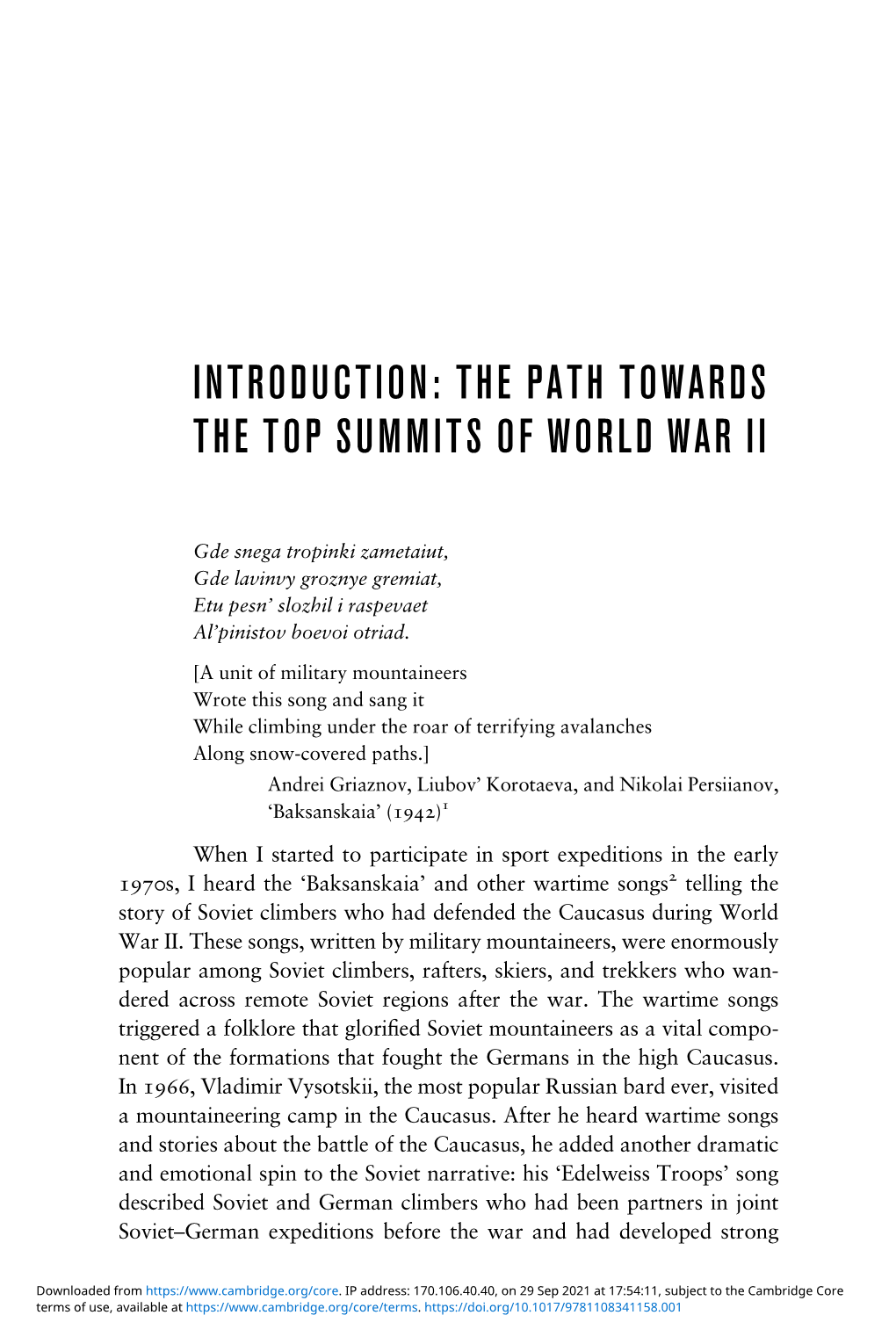 Introduction: the Path Towards the Top Summits of World War Ii