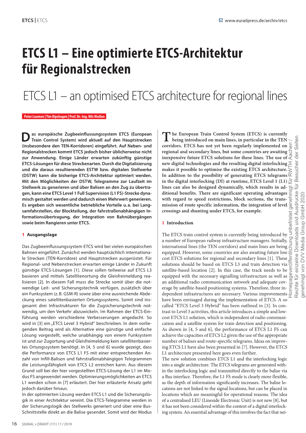 Eine Optimierte ETCS-Architektur Für Regionalstrecken ETCS L1 – an Optimised ETCS Architecture for Regional Lines