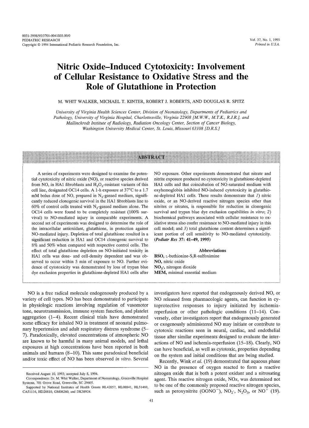 Nitric Oxide-Induced Cytotoxicity: Involvement of Cellular Resistance to Oxidative Stress and the Role of Glutathione in Protection