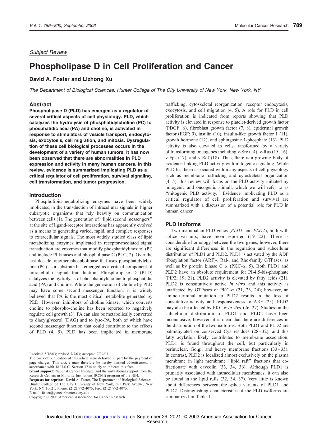 Phospholipase D in Cell Proliferation and Cancer