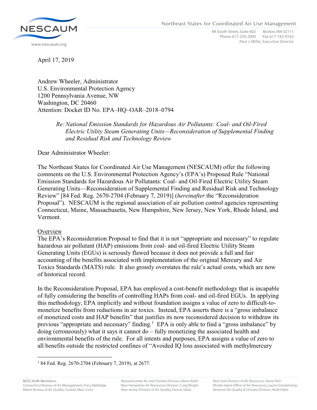 April 17, 2019 Andrew Wheeler, Administrator U.S. Environmental