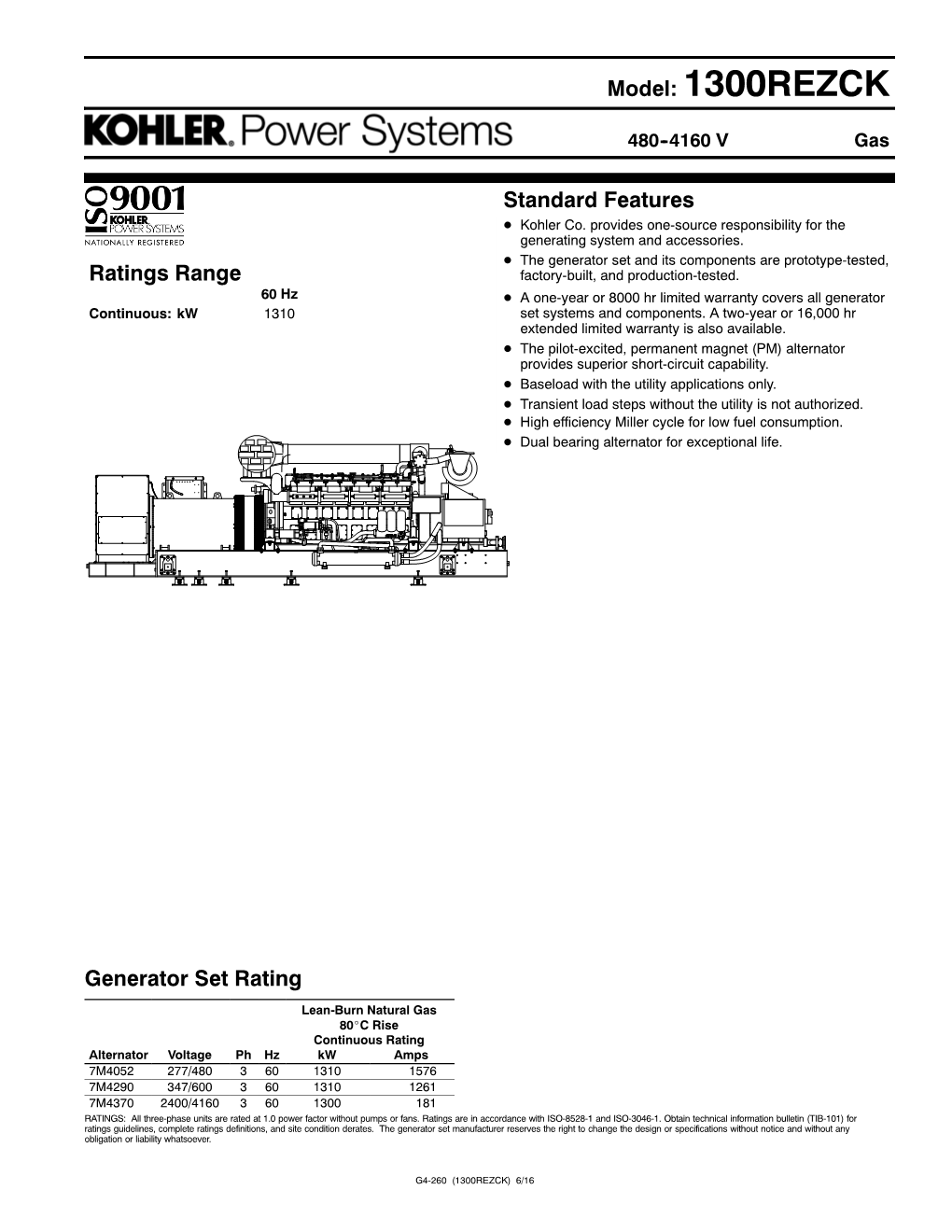 1300REZCK Standard Features Ratings Range Generator Set Rating