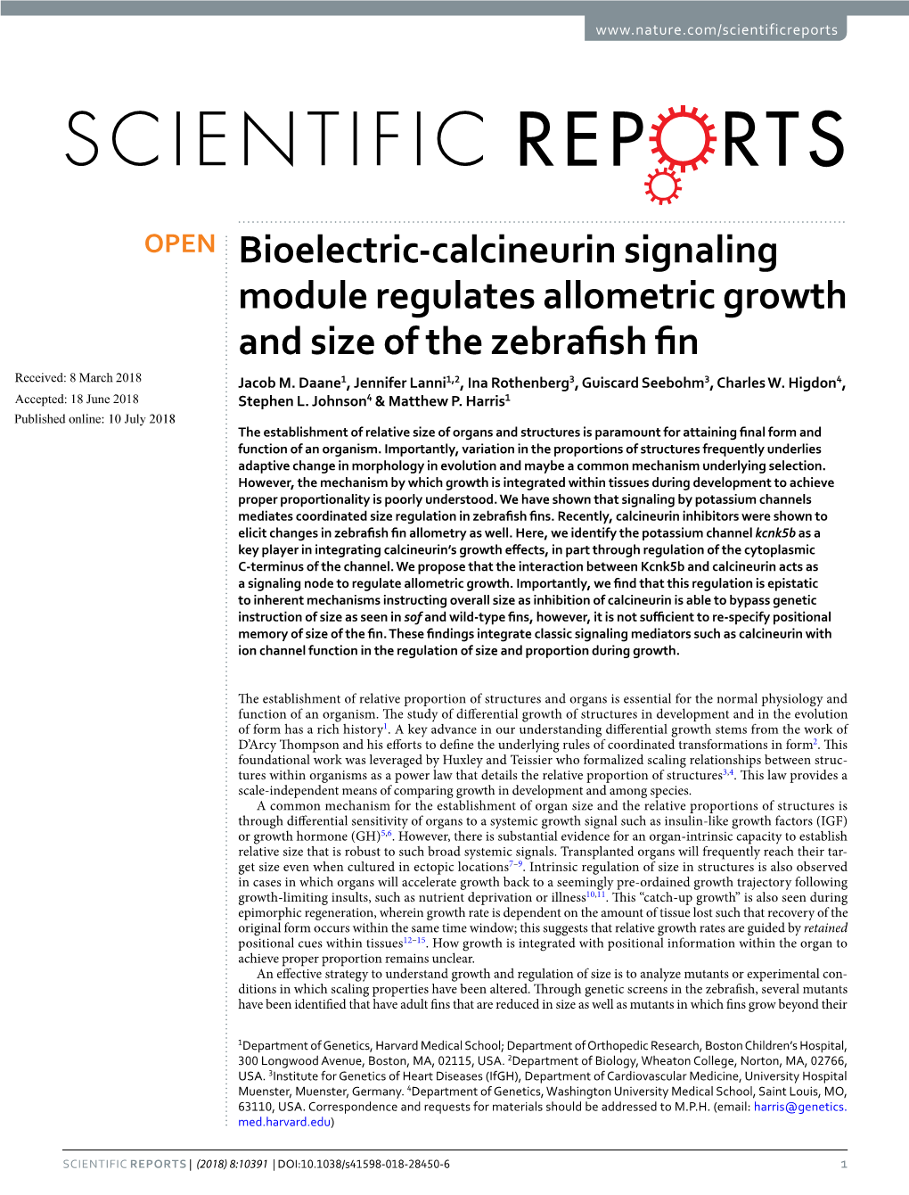 Bioelectric-Calcineurin Signaling Module Regulates Allometric Growth and Size of the Zebrafsh Fn Received: 8 March 2018 Jacob M