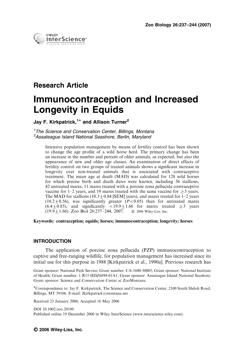 Immunocontraception and Increased Longevity in Equids