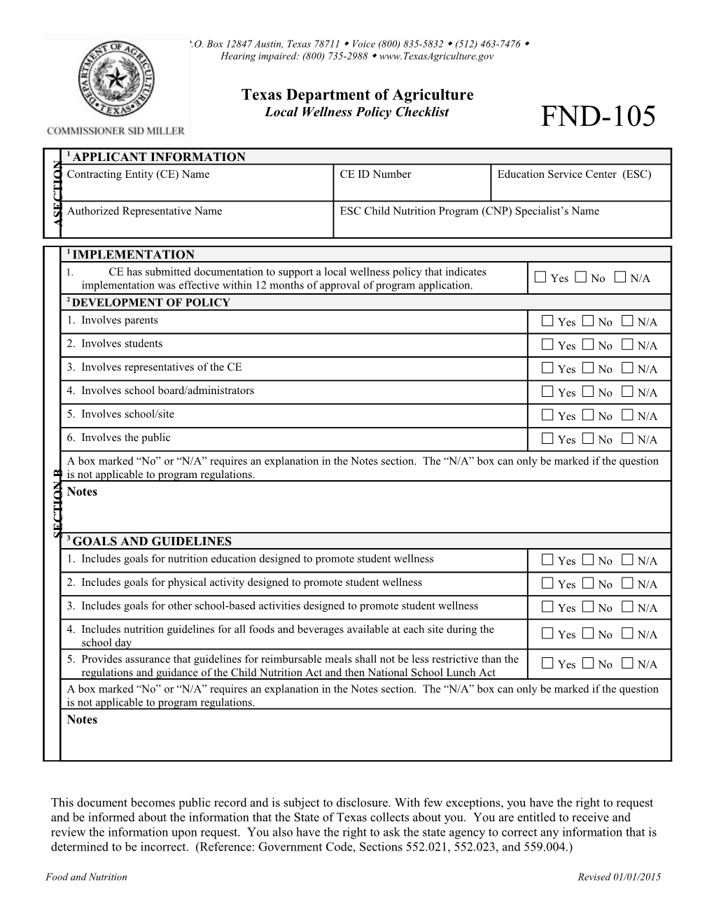 FND-105 Local Wellness Policy Checklist Page 4 of 4