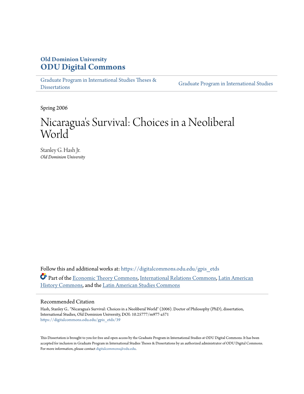 Nicaragua's Survival: Choices in a Neoliberal World Stanley G