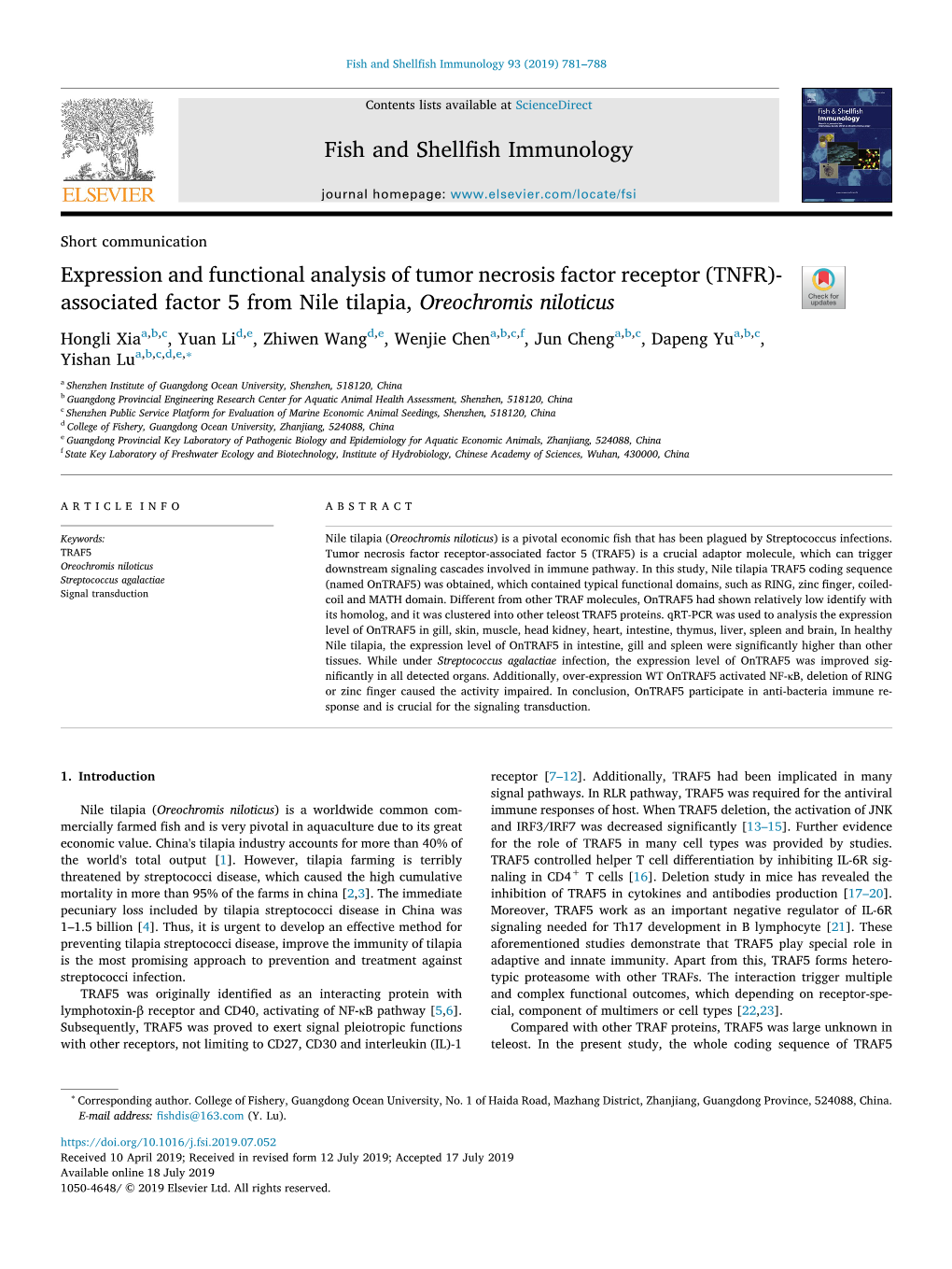 Expression and Functional Analysis of Tumor Necrosis Factor Receptor (TNFR)-Associated Factor 5 from Nile Tilapia, Oreochromis N