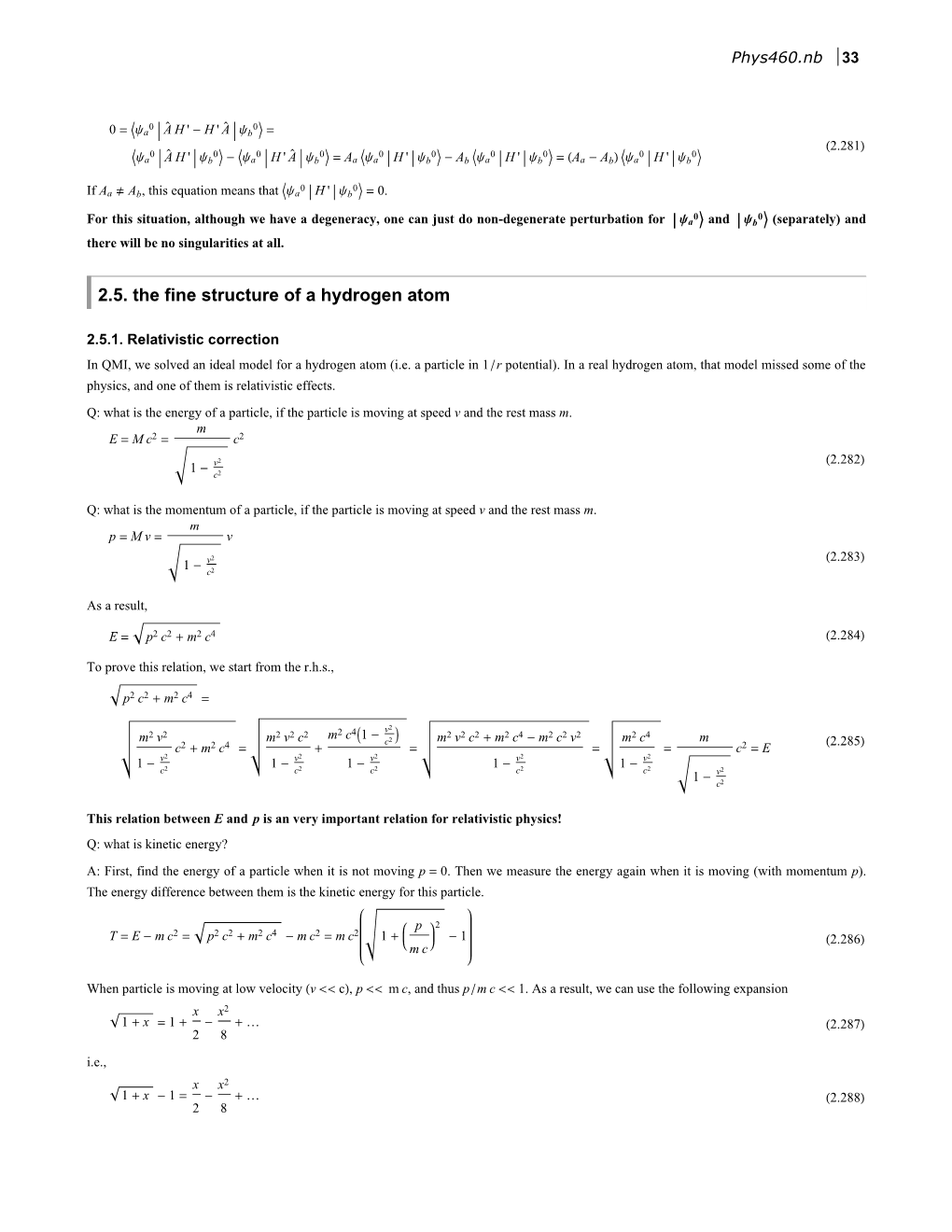 2.5. the Fine Structure of a Hydrogen Atom