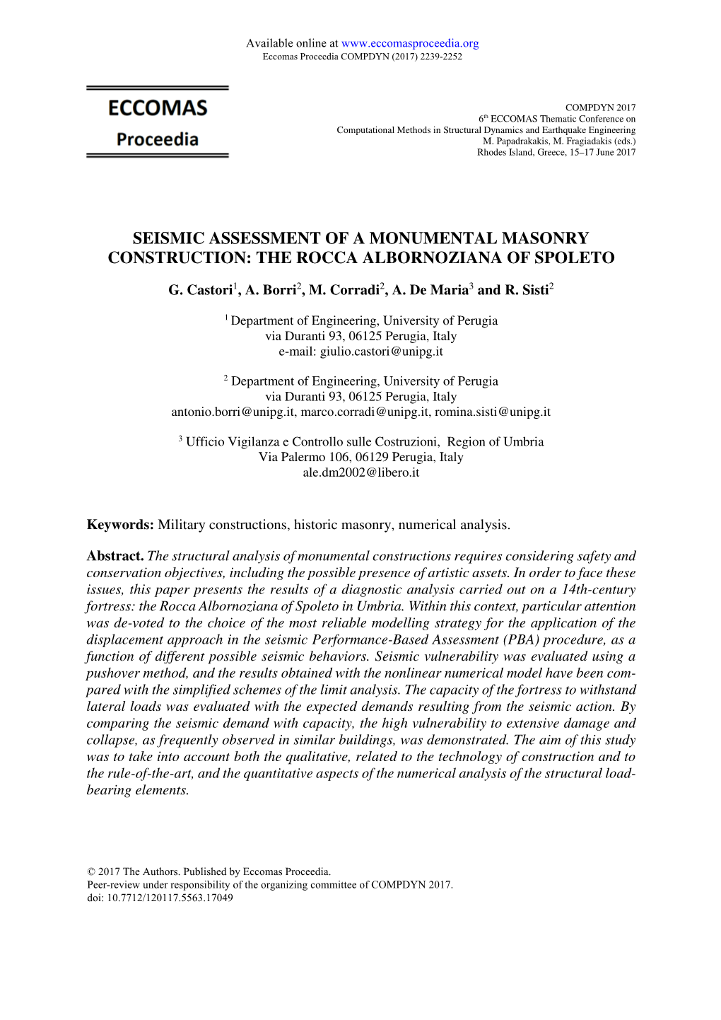 Seismic Assessment of a Monumental Masonry Construction: the Rocca Albornoziana of Spoleto