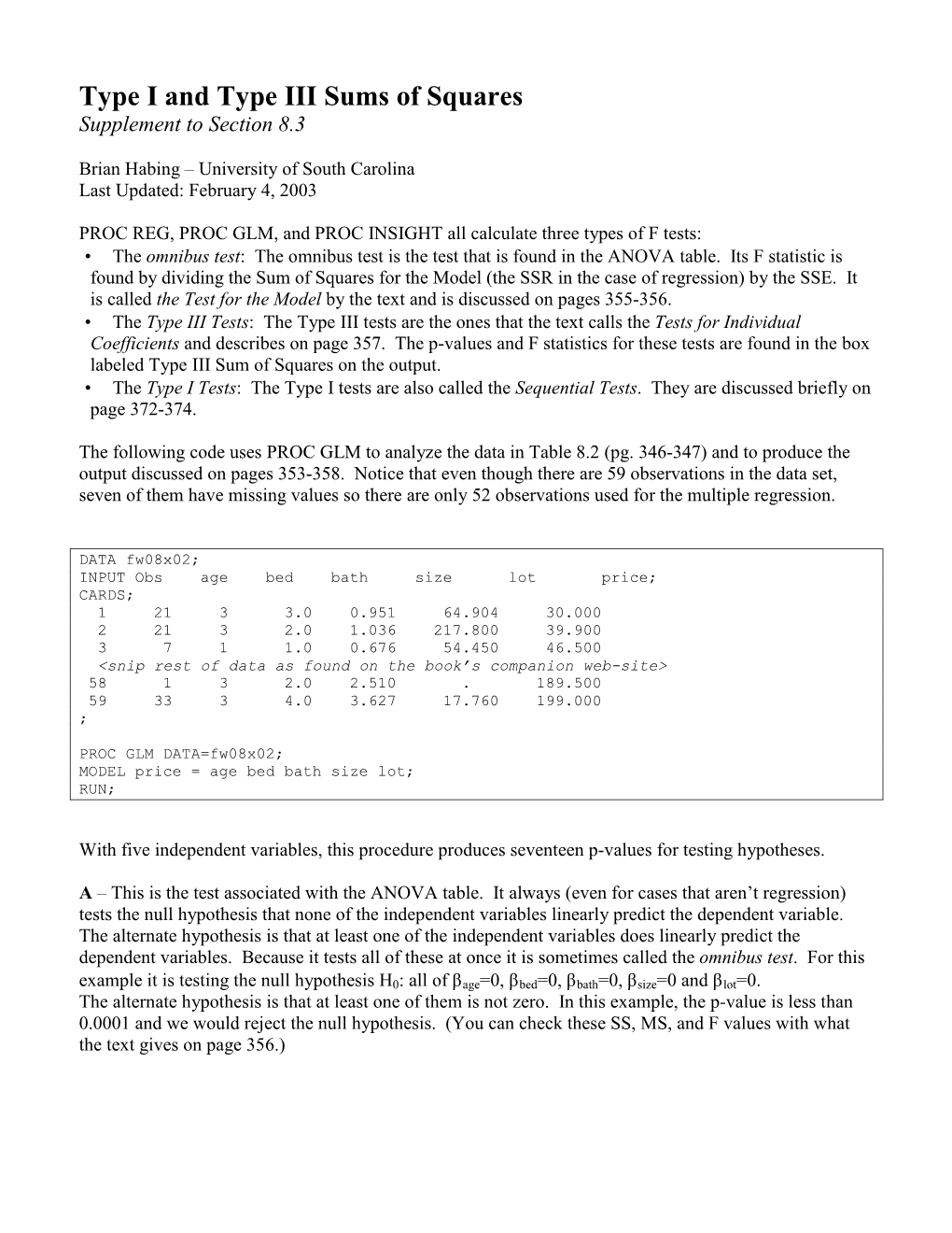 Type I and Type III Sums of Squares Supplement to Section 8.3