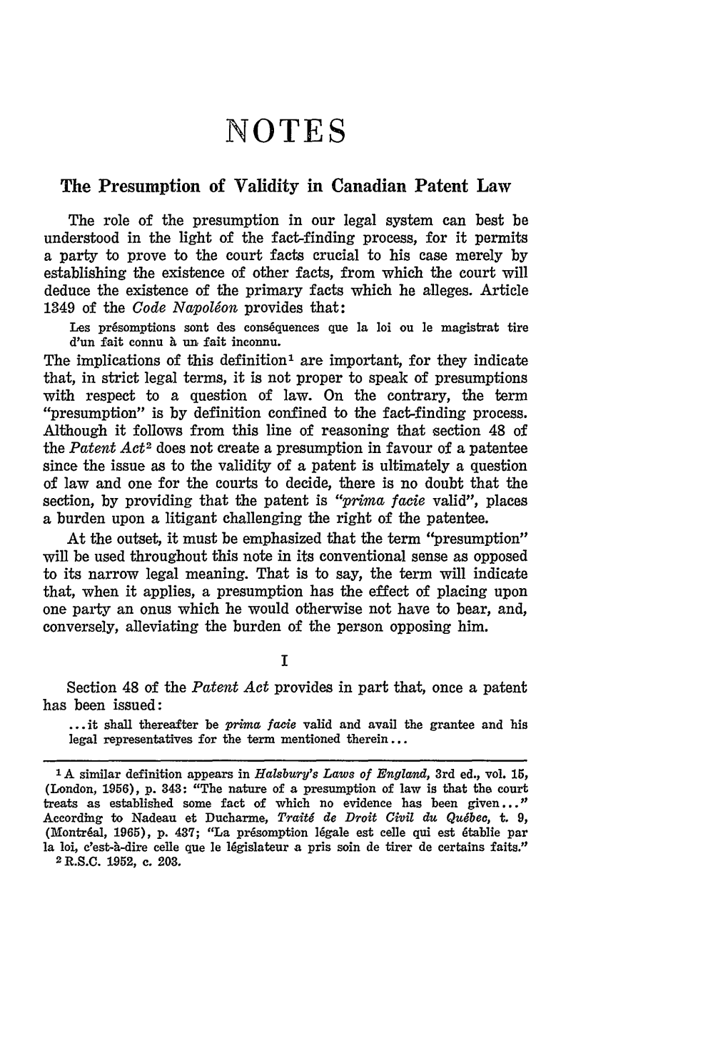 The Presumption of Validity in Canadian Patent Law