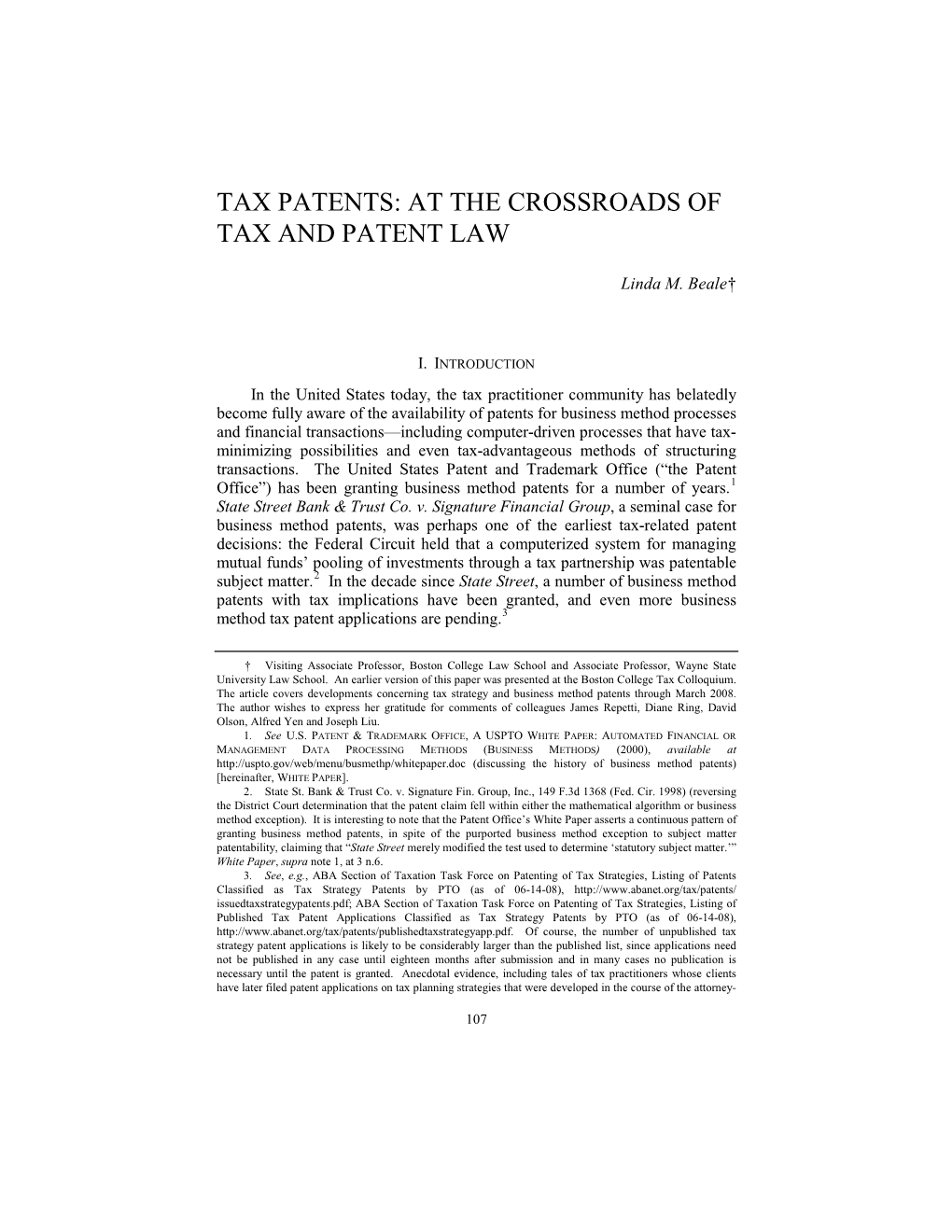 Tax Patents: at the Crossroads of Tax and Patent Law