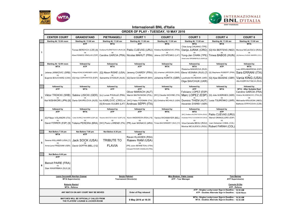 Internazionali BNL D'italia ORDER of PLAY - TUESDAY, 10 MAY 2016