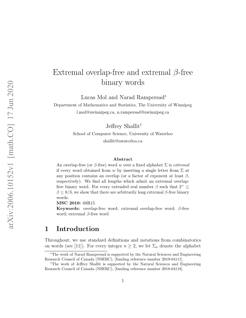 Extremal Overlap-Free and Extremal Β-Free Binary Words Arxiv
