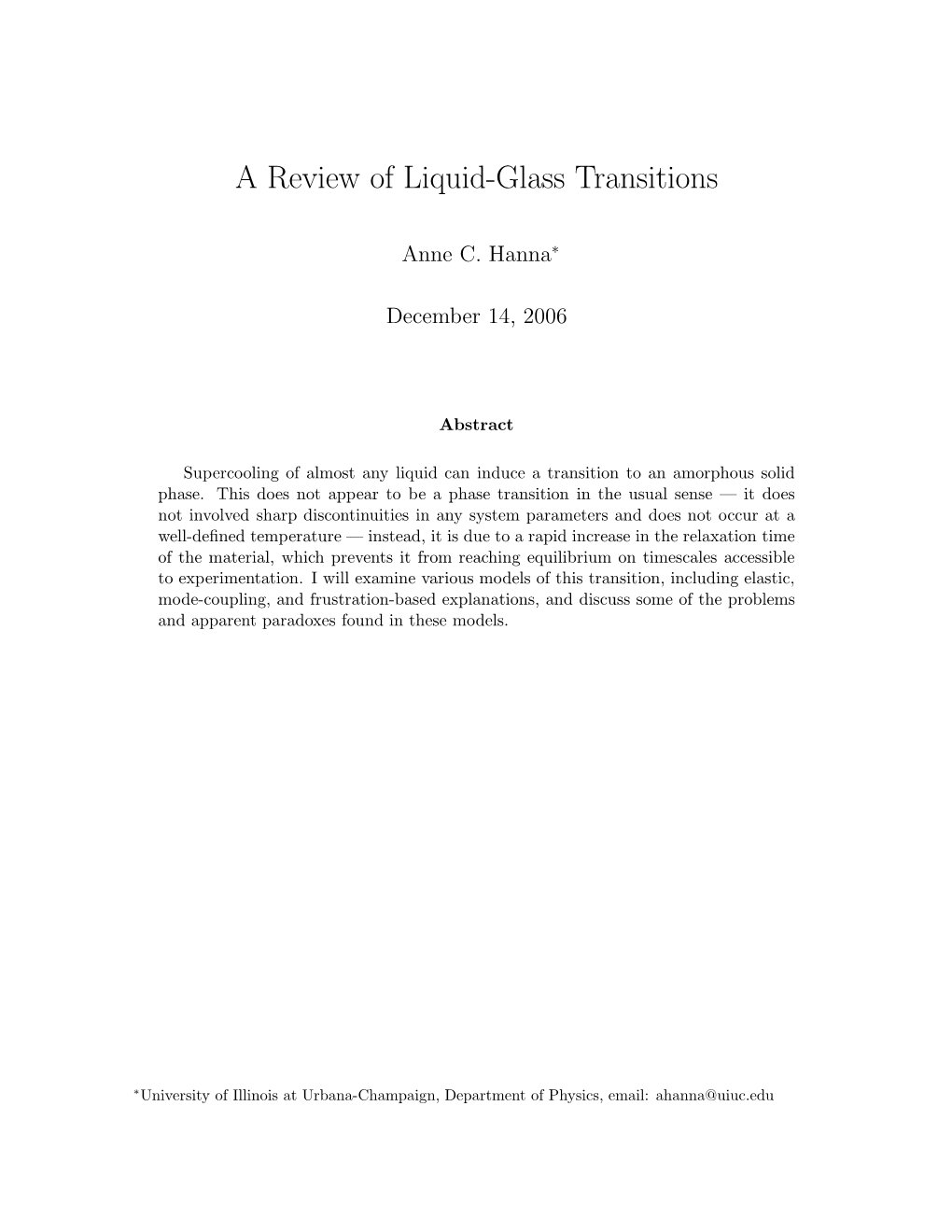 A Review of Liquid-Glass Transitions