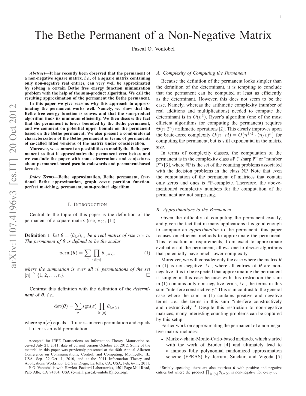 The Bethe Permanent of a Non-Negative Matrix