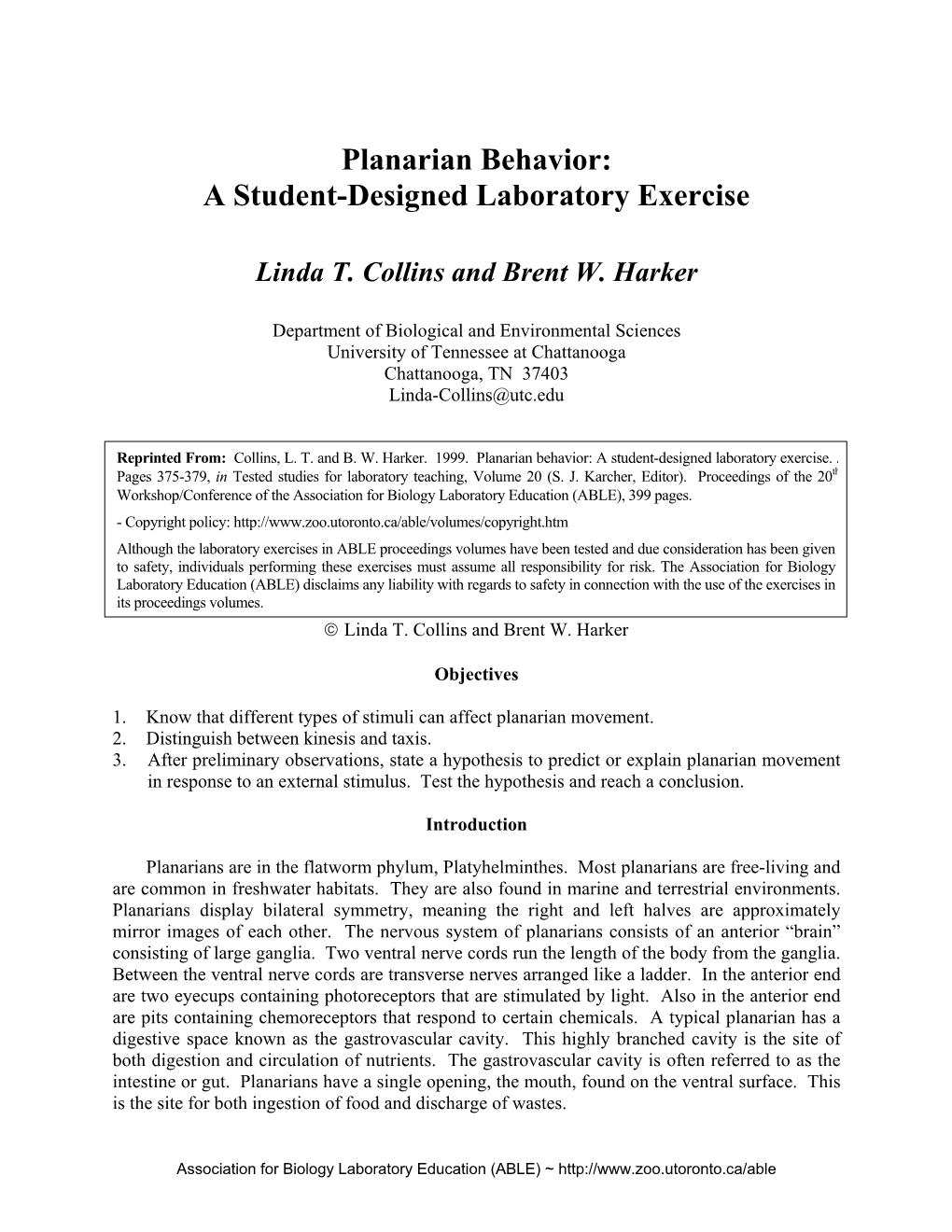 Planarian Behavior: a Student-Designed Laboratory Exercise