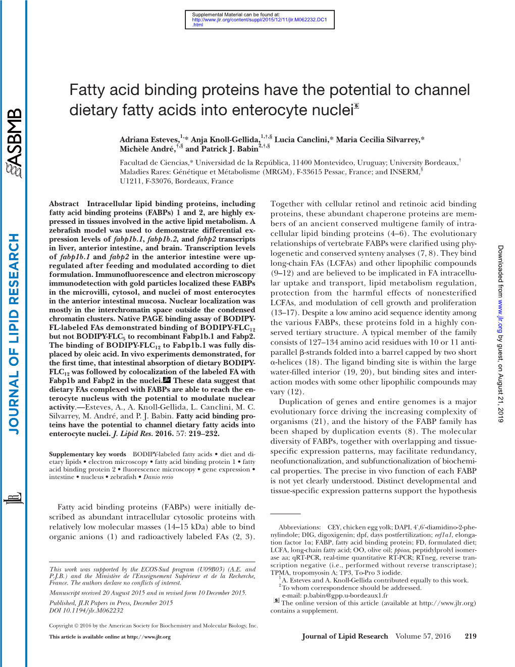 Fatty Acid Binding Proteins Have the Potential to Channel Dietary Fatty Acids Into Enterocyte Nuclei