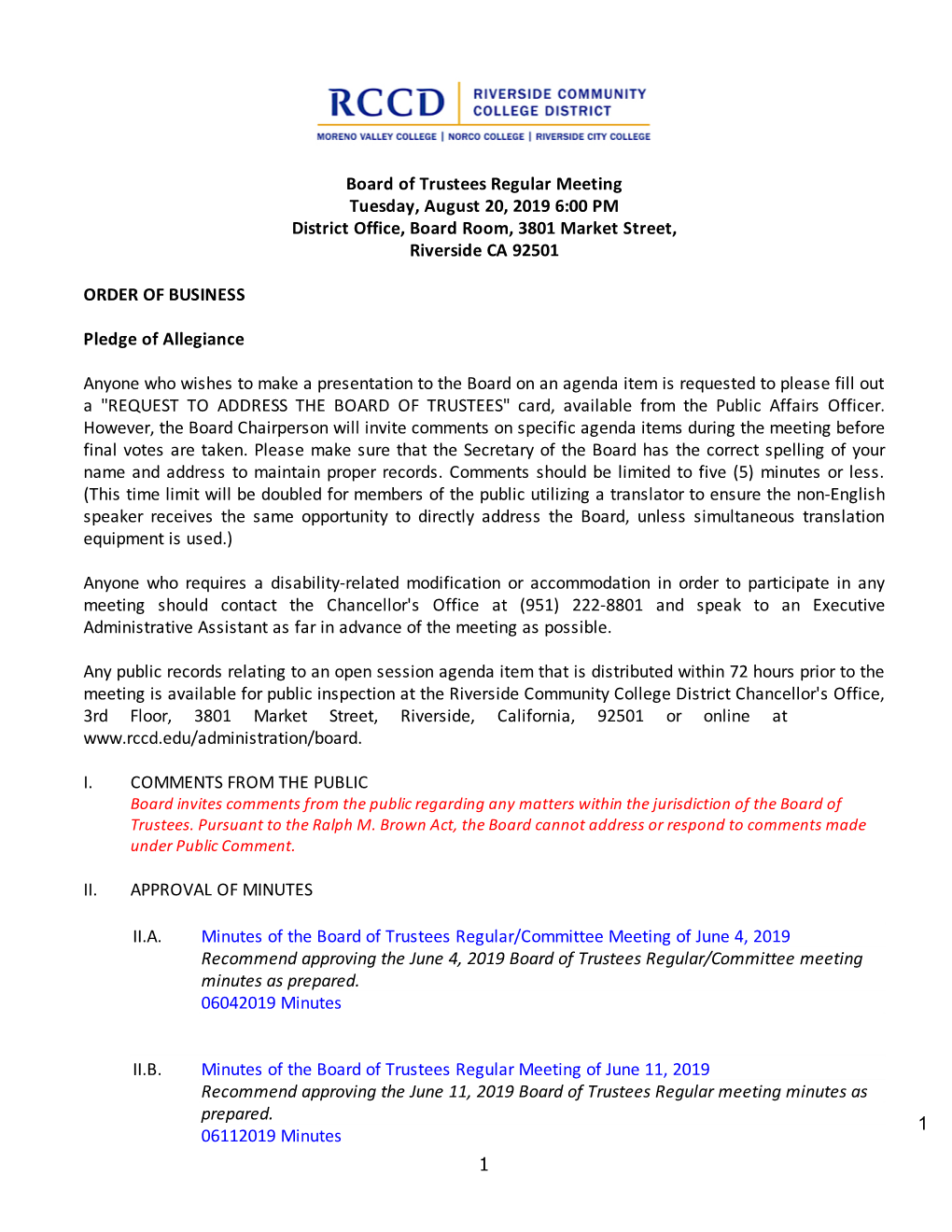 1 Board of Trustees Regular Meeting Tuesday, August 20, 2019 6:00 PM