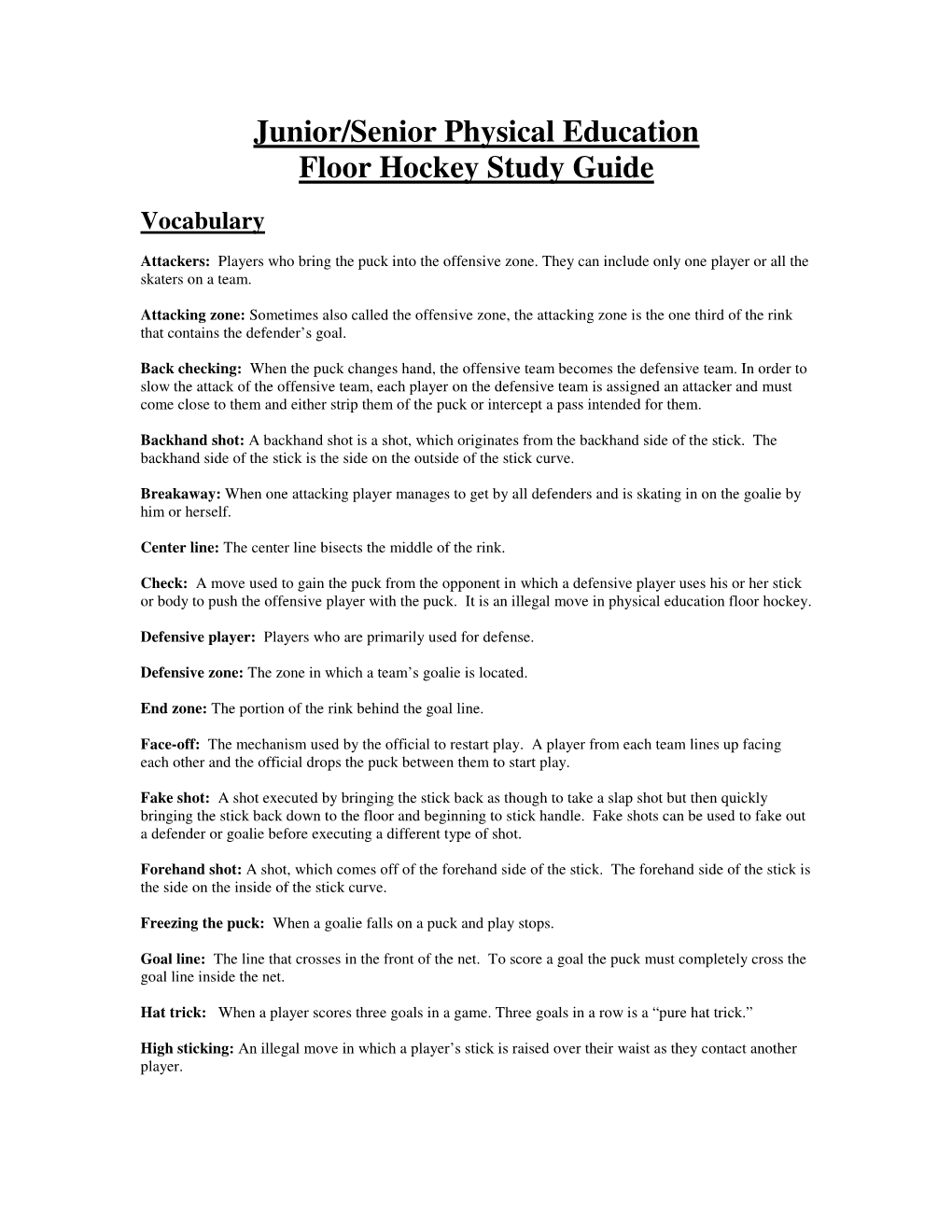 Junior/Senior Physical Education Floor Hockey Study Guide