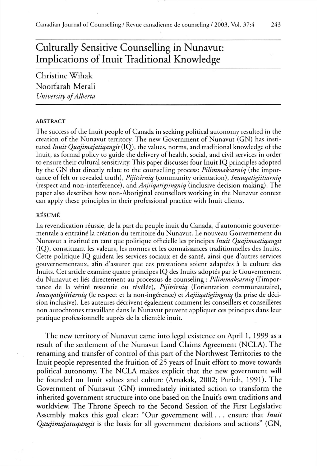 Culturally Sensitive Counselling in Nunavut: Implications of Inuit Traditional Knowledge
