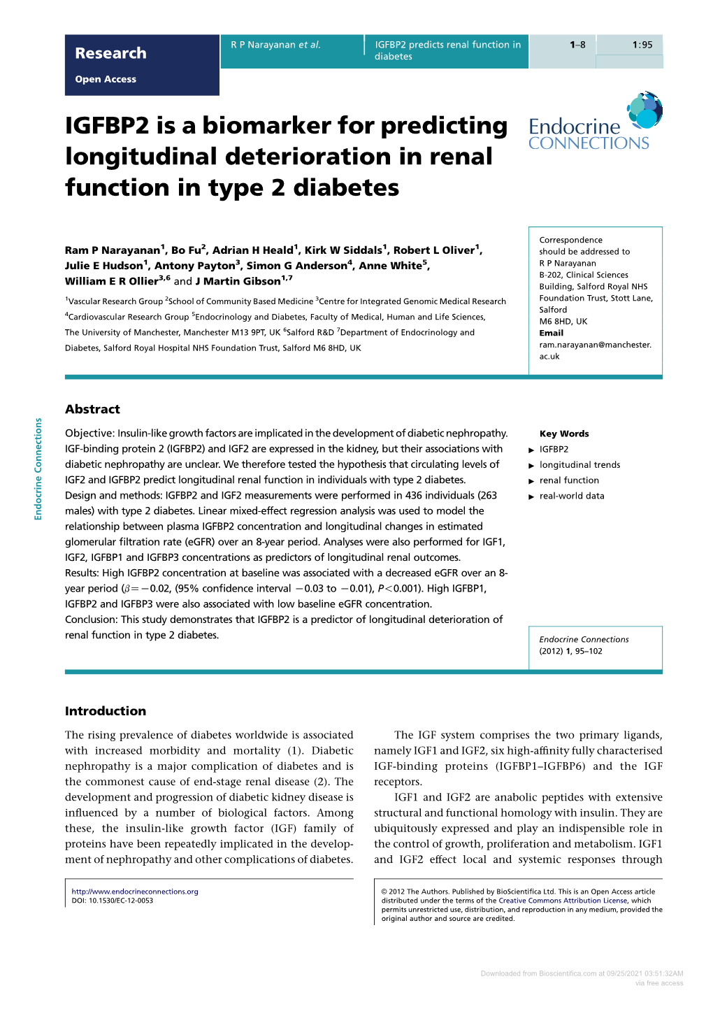 IGFBP2 Is a Biomarker for Predicting Longitudinal Deterioration in Renal Function in Type 2 Diabetes