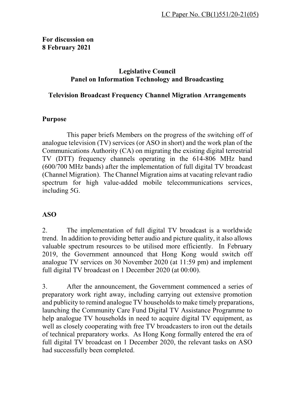 Administration's Paper on Television Broadcast Frequency Channel Migration Arrangements
