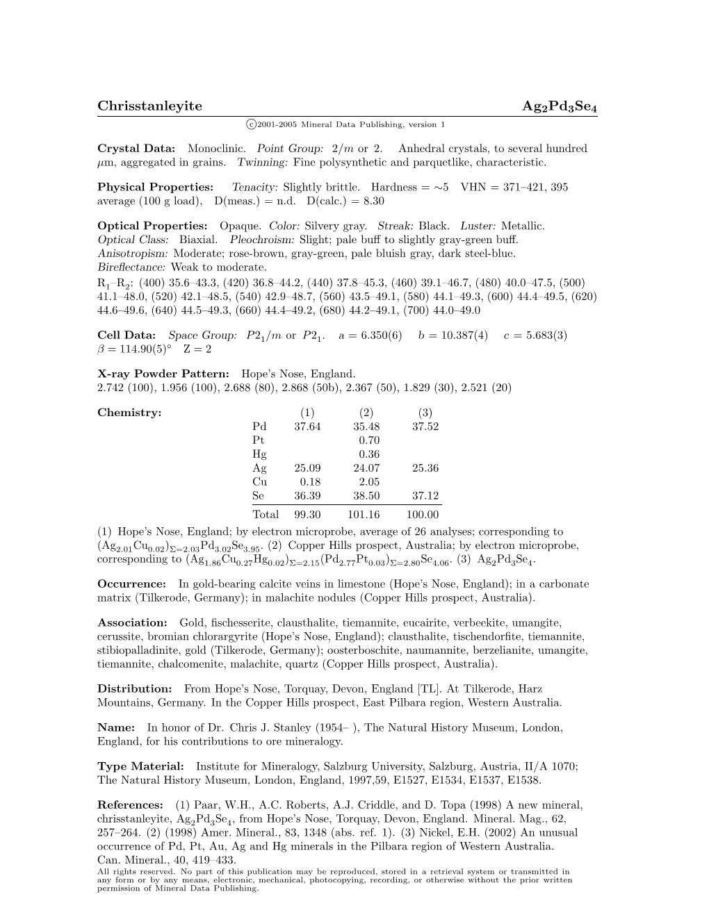 Chrisstanleyite Ag2pd3se4 C 2001-2005 Mineral Data Publishing, Version 1