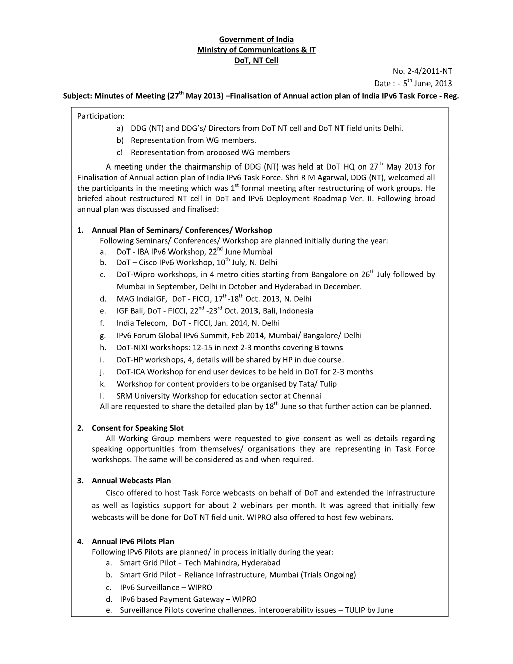 Government of India Ministry of Communications & IT Dot, NT Cell