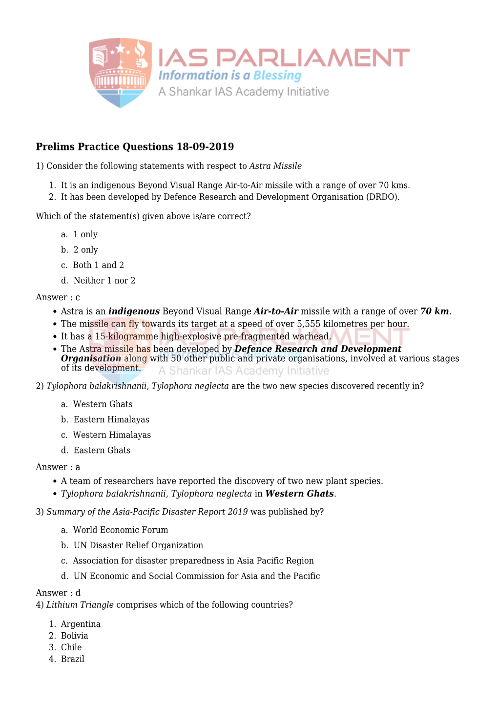 Prelims Practice Questions 18-09-2019