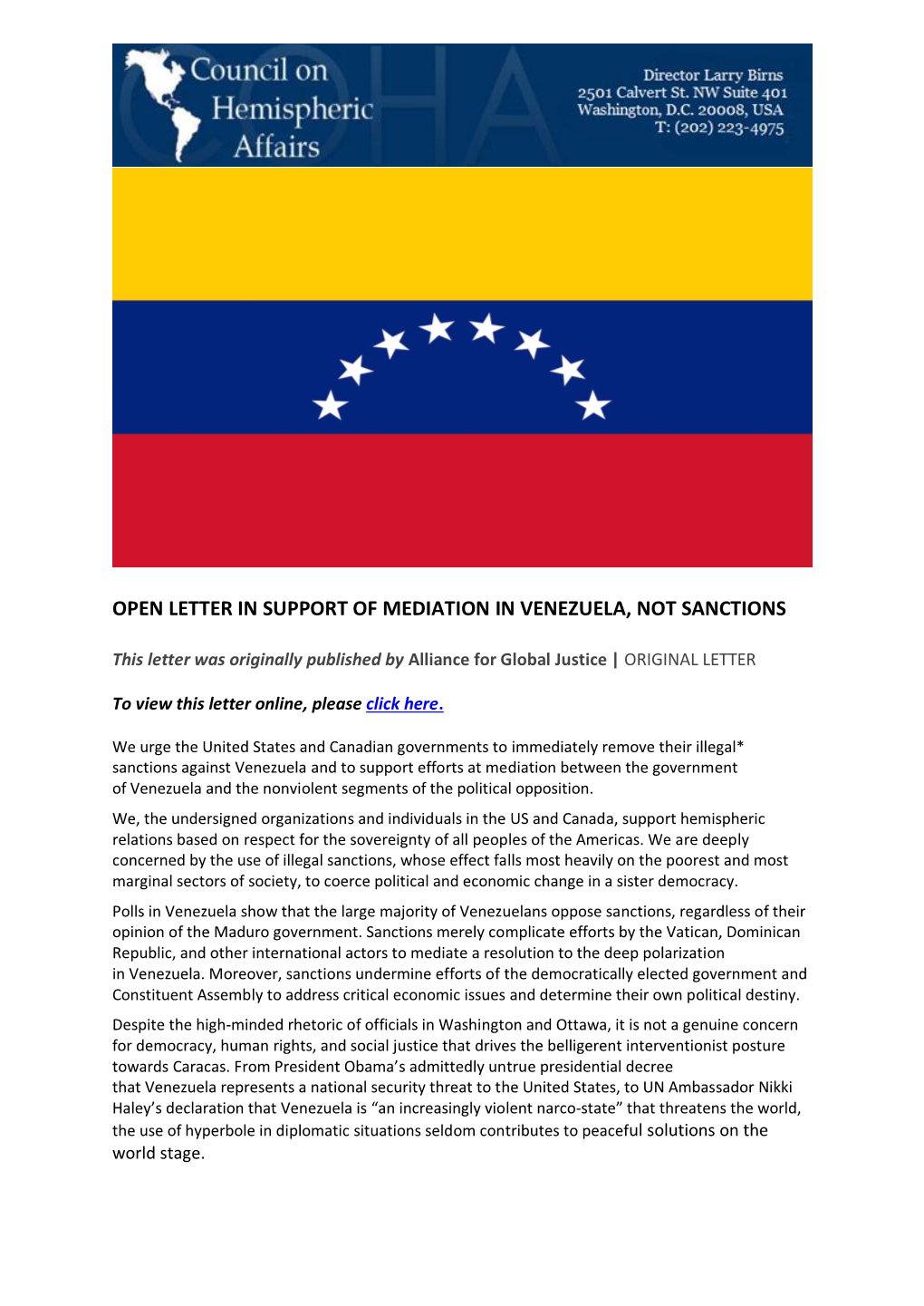 Open Letter in Support of Mediation in Venezuela, Not Sanctions