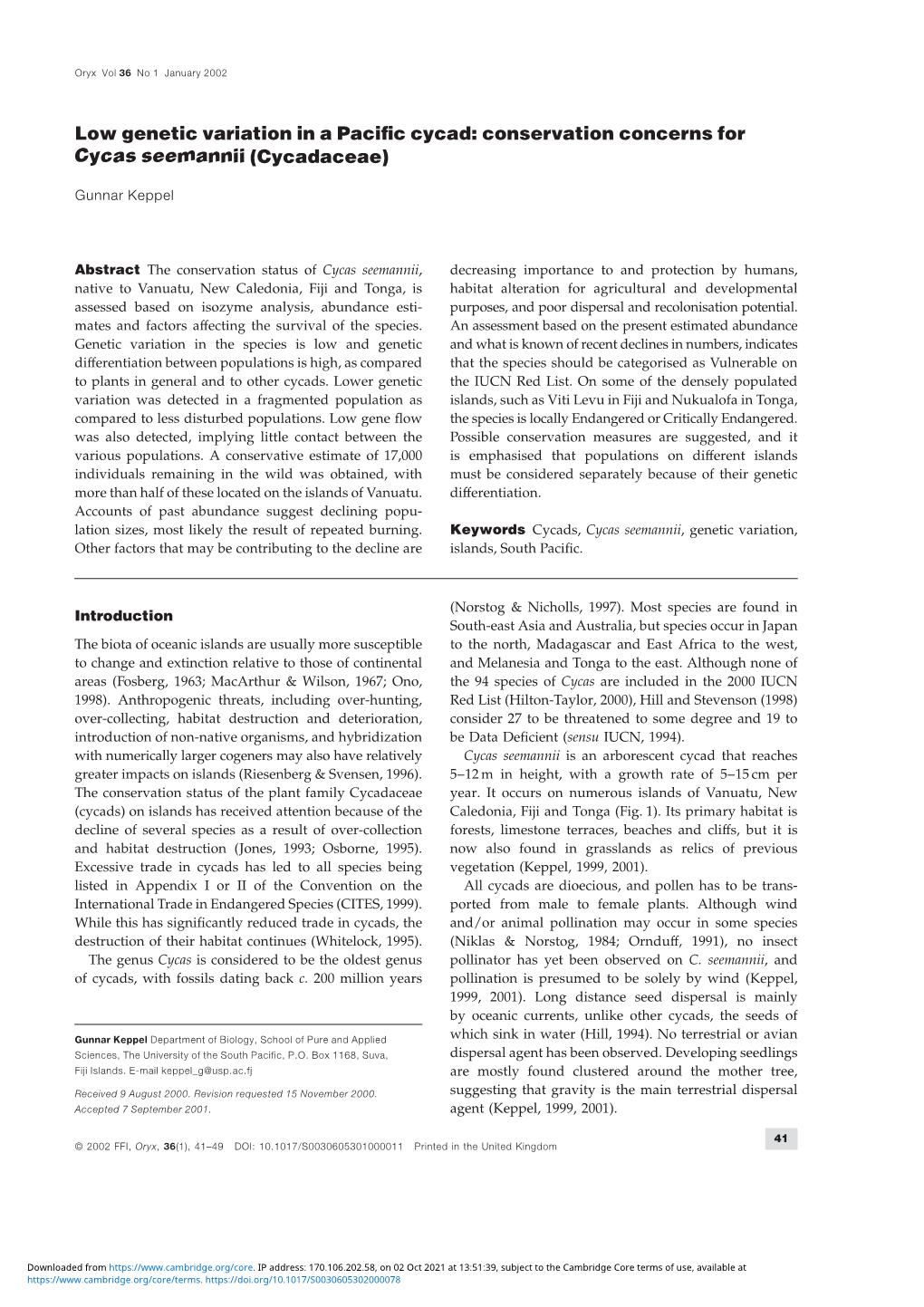 Low Genetic Variation in a Pacific Cycad: Conservation Concerns For