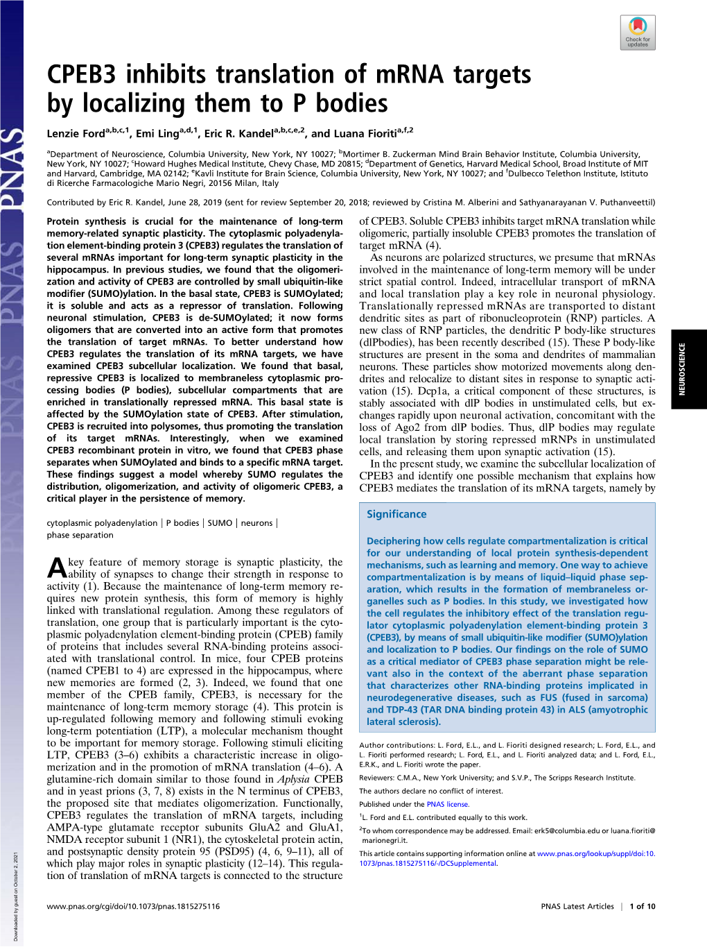 CPEB3 Inhibits Translation of Mrna Targets by Localizing Them to P Bodies