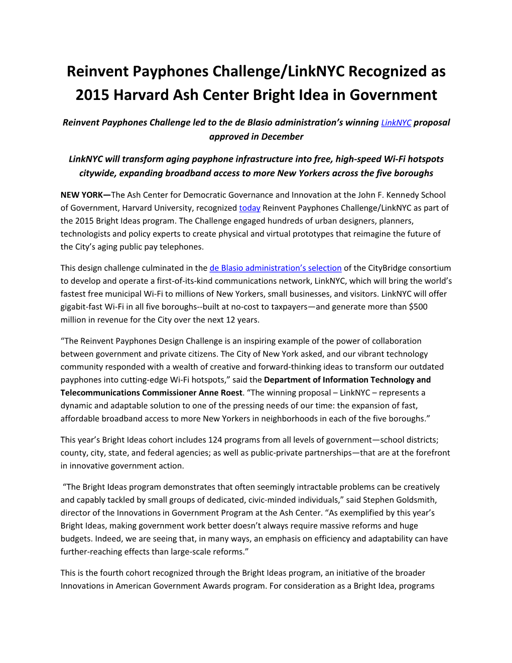 Reinvent Payphones Challenge/Linknyc Recognized As 2015 Harvard Ash Center Bright Idea in Government