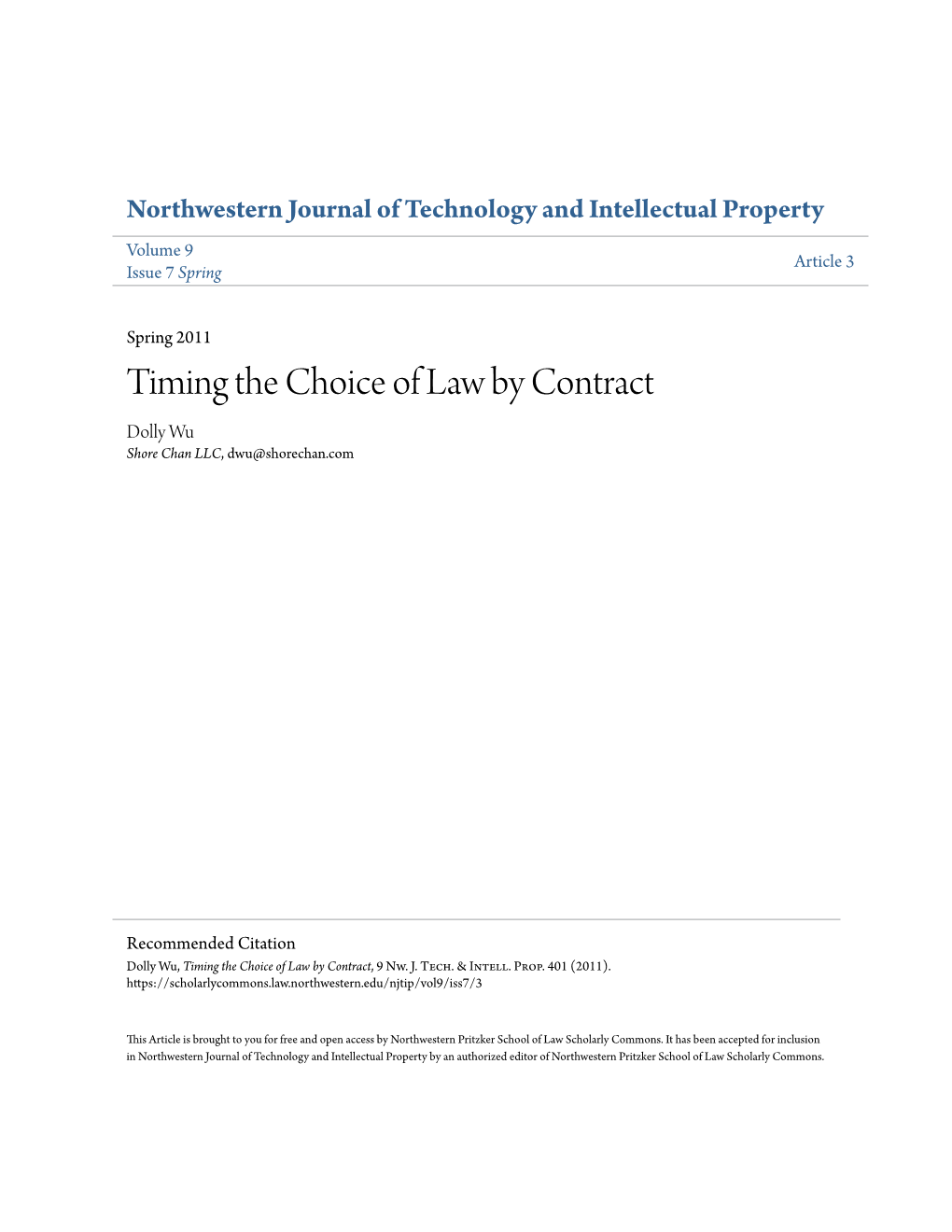 Timing the Choice of Law by Contract Dolly Wu Shore Chan LLC, Dwu@Shorechan.Com