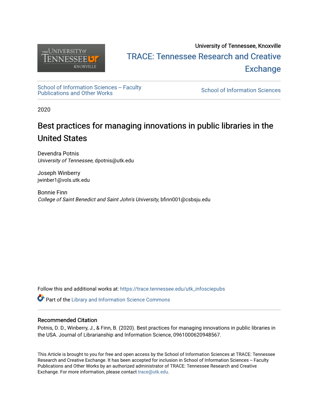 Best Practices for Managing Innovations in Public Libraries in the United States