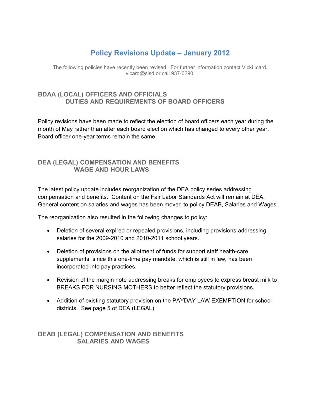 Policy Revisions Update January 2012