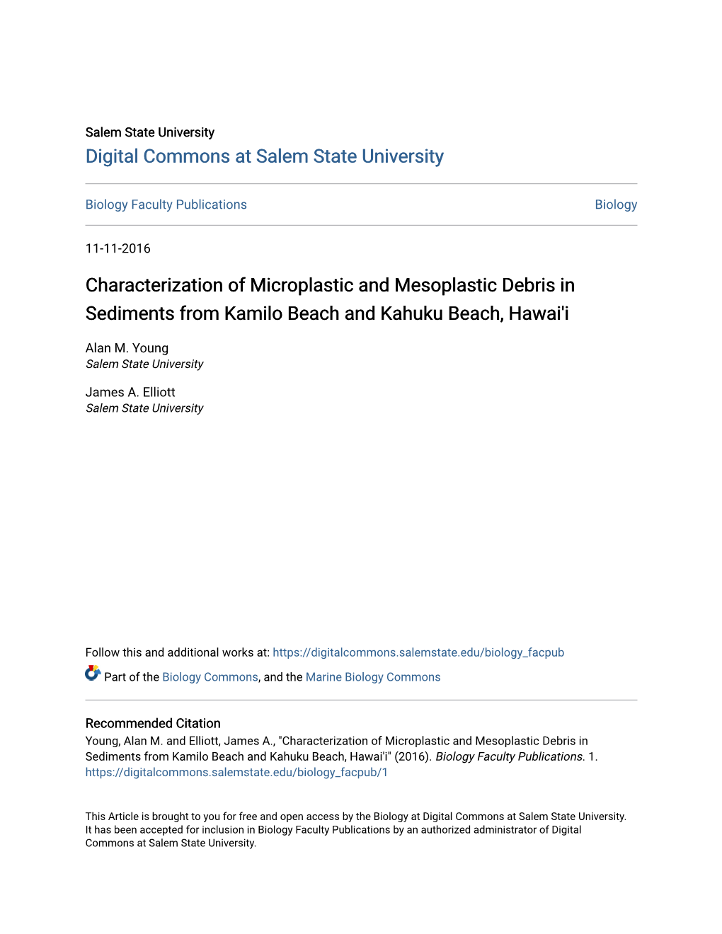 Characterization of Microplastic and Mesoplastic Debris in Sediments from Kamilo Beach and Kahuku Beach, Hawai'i